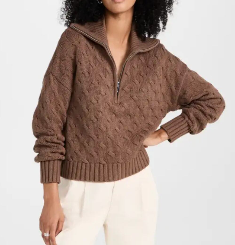 NSF Aminah Cable Knit 1/2 Zip Long Sleeve Sweater Pullover Brown Small